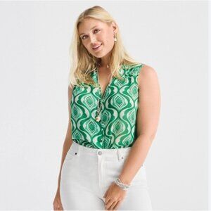 CAbi Green Scroll Button Down Bright Green Chiffon Sheer Tank Top Size Large